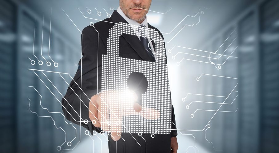 Businessman selecting a futuristic padlock with a data center on the background - Security